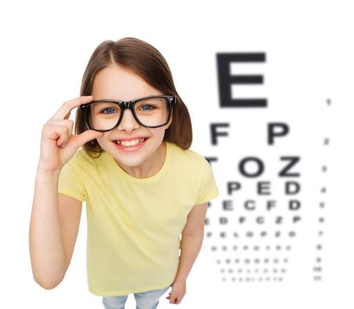 little girl in eyeglasses standing in front of an eyechart